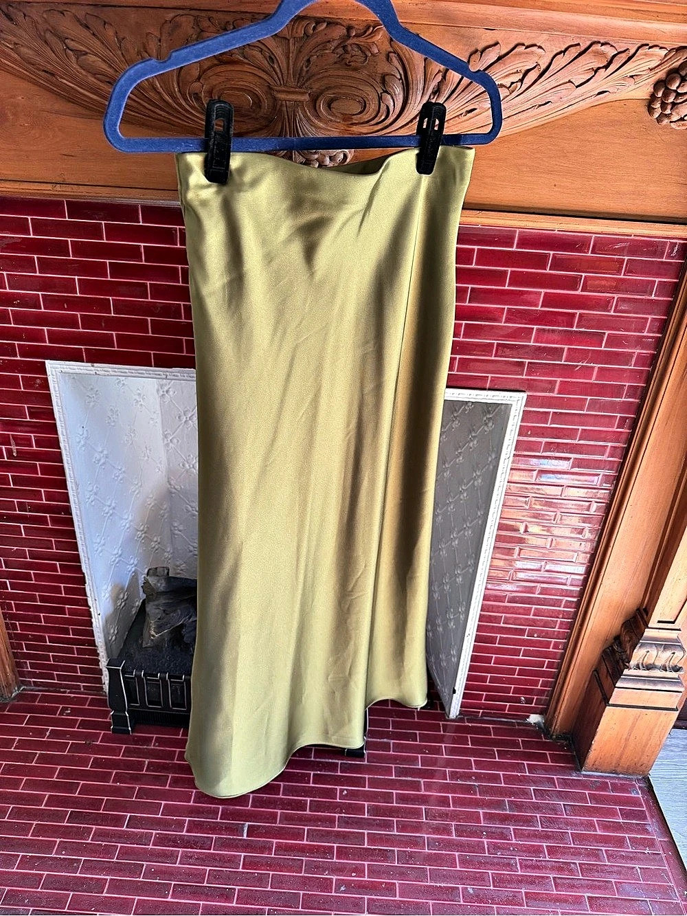 Zara Satin Effect Midi Skirt Olive Midi Skirt Small